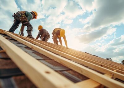 Construction workers install new roofs, roofing tools and fall protection devices. Apply to new roofRoof repair, a Specialist in Roof Forming, is the Replacement of roof plates