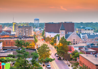 Columbia, Missouri, USA downtown city skyline at twilight.